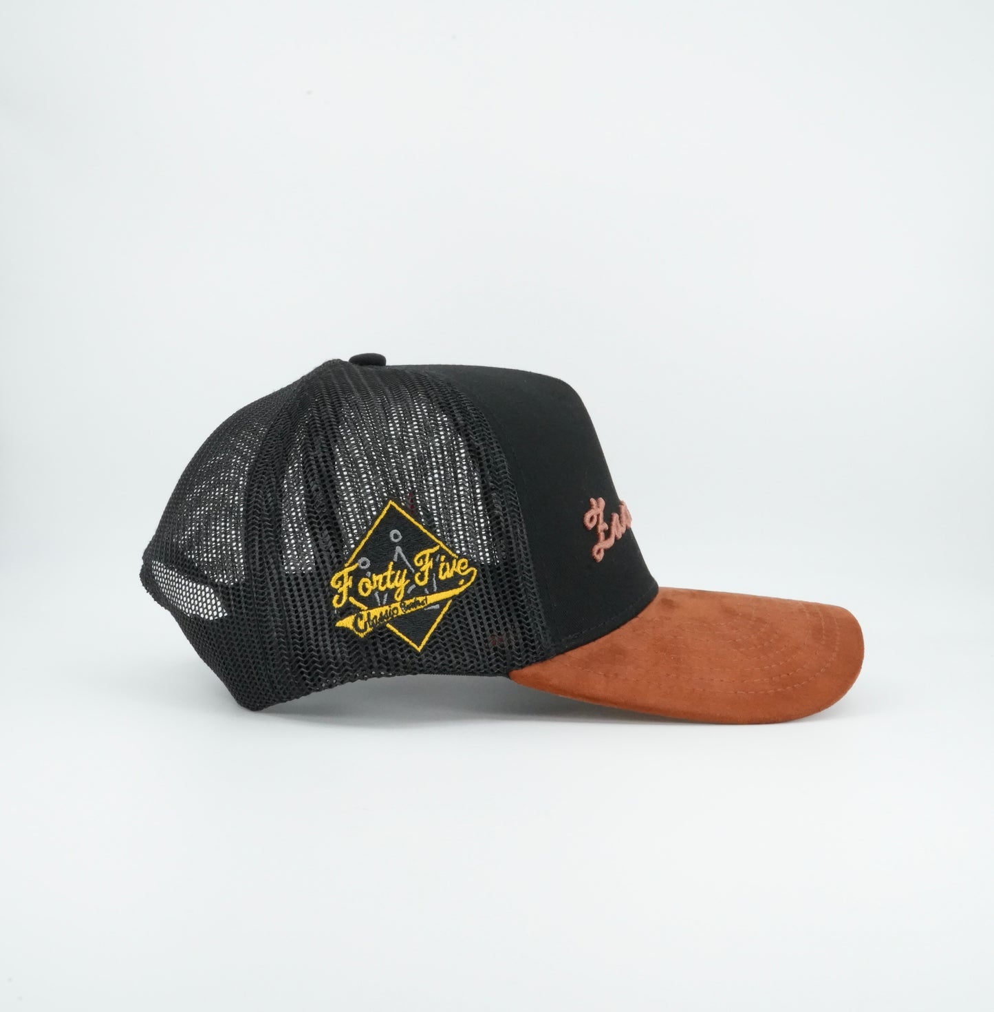 45 Rust Cursive Trucker Cap Black-Rust