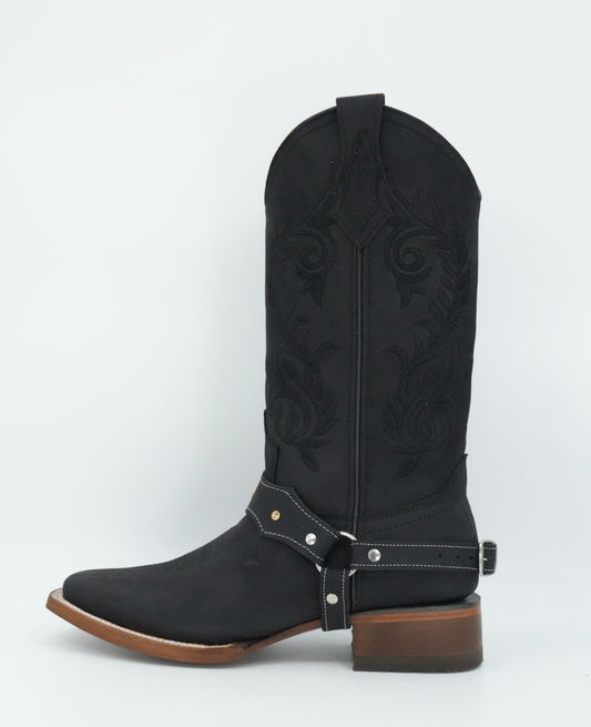 La Sierra Women's Black Embroidered Strapped Square Toe Boot