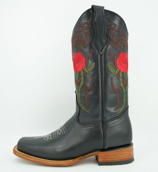 La Sierra Women's Black Embroidered Roses Square Toe Boot