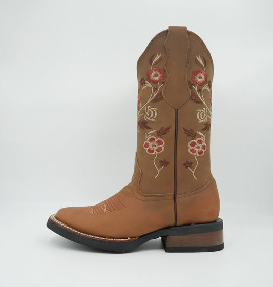 Stephy Women's Embroidered Crazy Tabaco Rubber Sole Wide Square Toe Boot