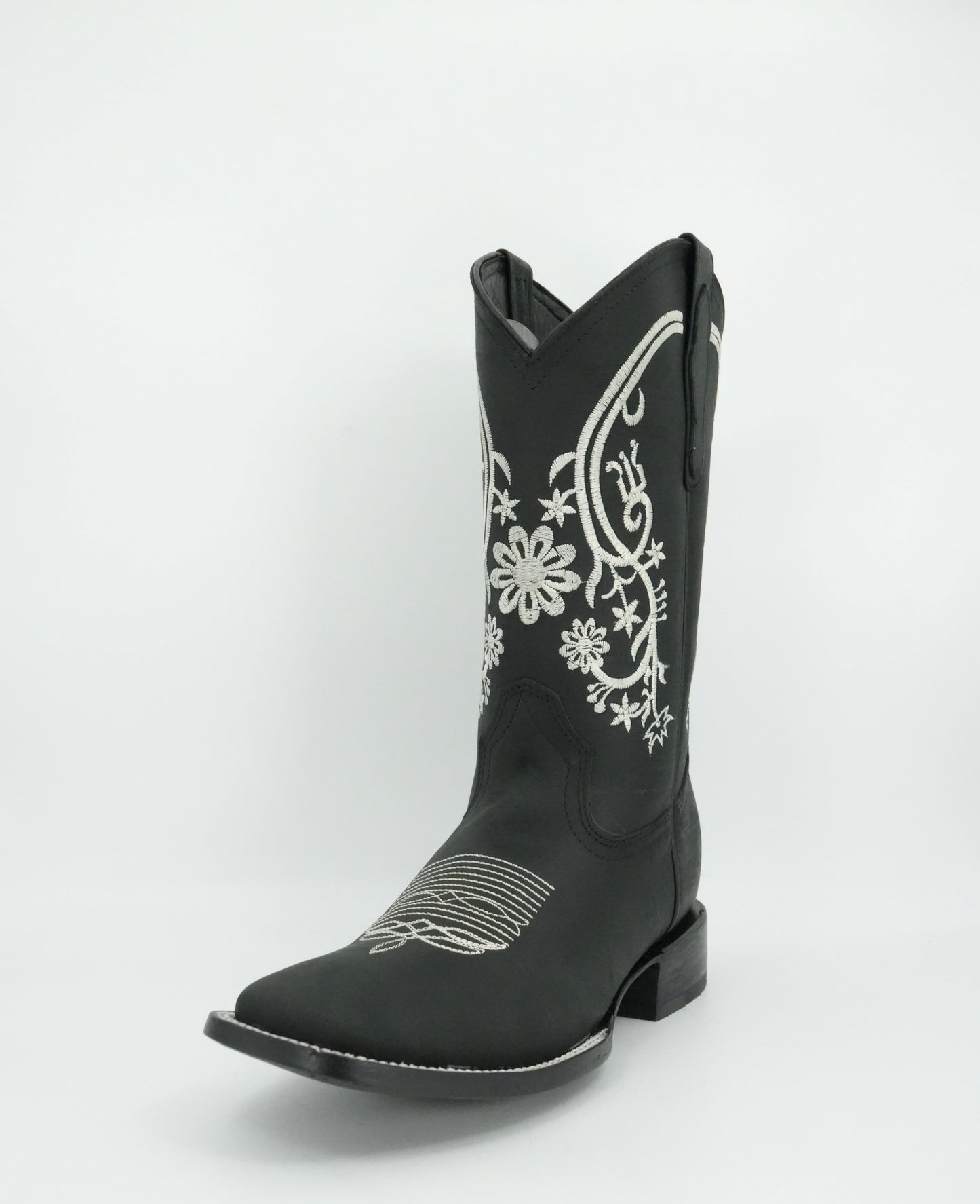 Centenario Women's Black Floral Embroidered Wide Square Toe Boot