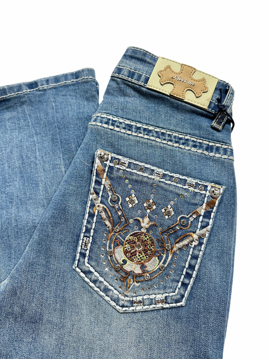 Meet Me Light Blue Bling Brown Pocket Bootcut Jean