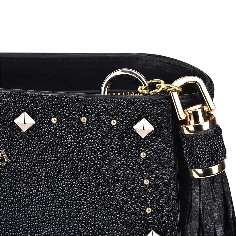 Cuadra Women's Studded Black Genuine Stingray Leather Crossbody Bag