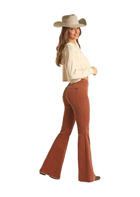 Rock & Roll Denim High Rise Extra Stretch Rust Corduroy Button Flare Jeans