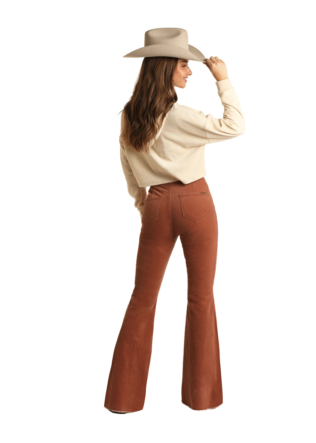 Rock & Roll Denim High Rise Extra Stretch Rust Corduroy Button Flare Jeans