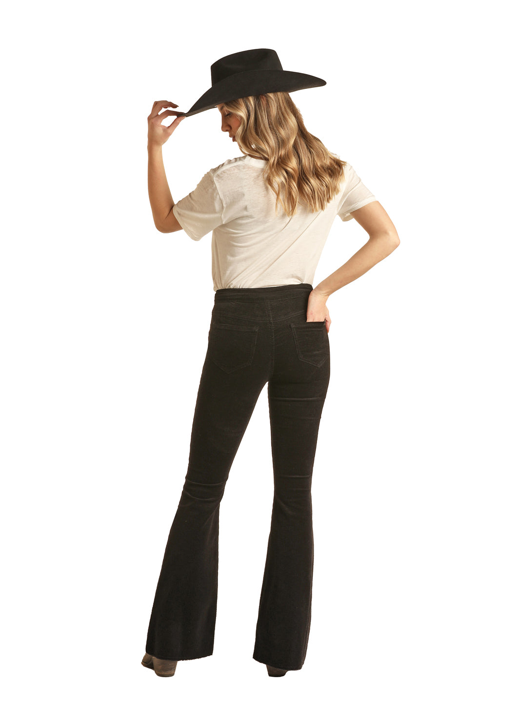 Rock & Roll Denim High Rise Extra Stretch Black Corduroy Button Flare Jeans