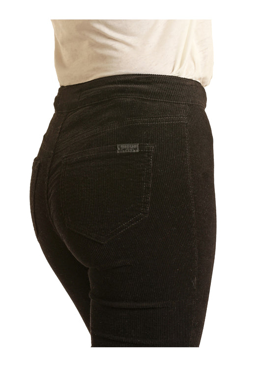 Rock & Roll Denim High Rise Extra Stretch Black Corduroy Button Flare Jeans