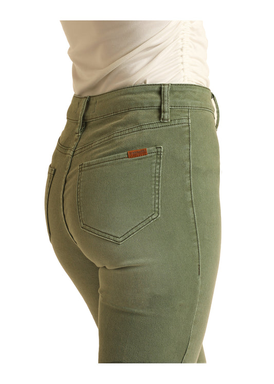 Rock & Roll Denim High Rise Extra Stretch Army Green Flare Jean