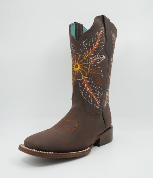 Stephy Women's Embroidered Flower Feathers Crazy Brown Square Toe Boot