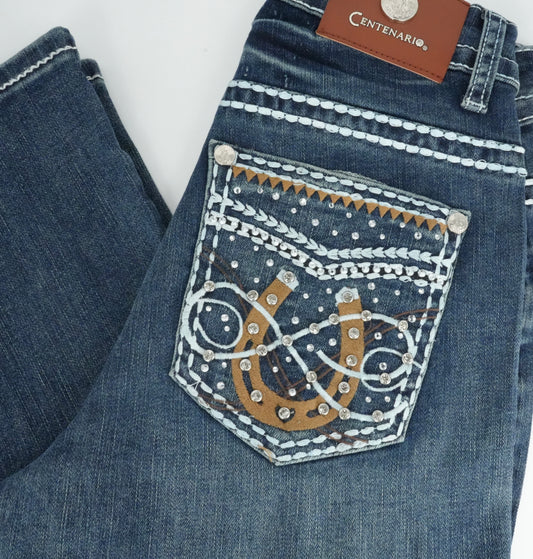 Centenario Premium Dark Blue Horseshoe Bling Pocket Slim Bootcut Jean