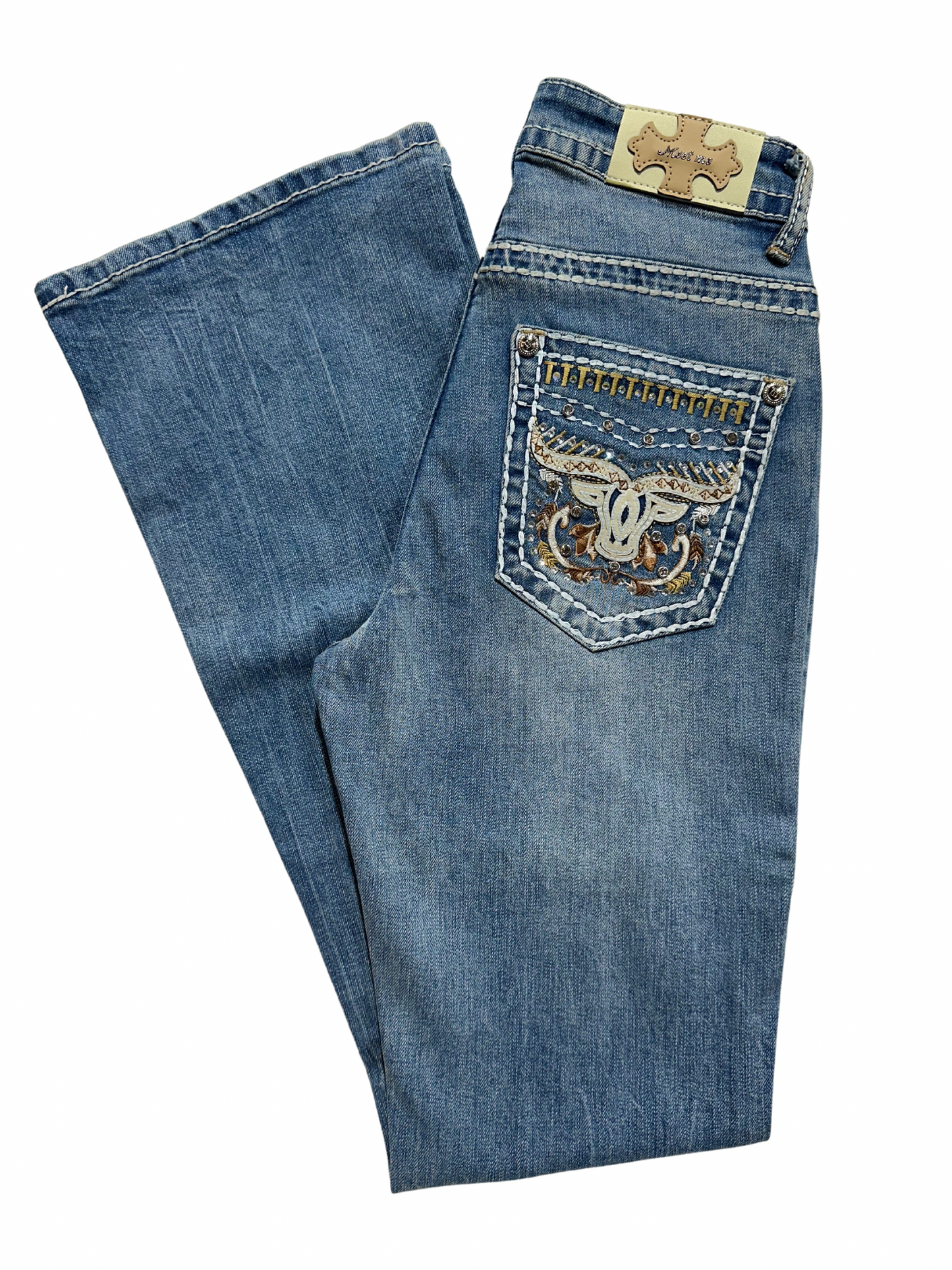 Meet Me Light Blue Bling Bull Pocket Bootcut Jean
