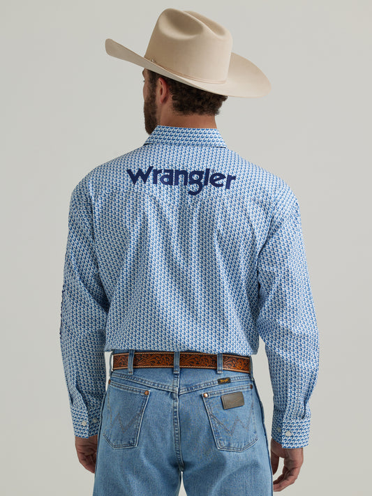 Wrangler Men's Logo Long Sleeve Western Button Down Shirt Light Blue Print