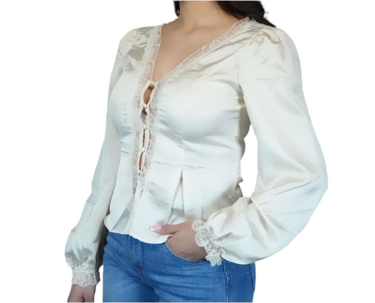 Blue B Women's V Neck Lace Puff Sleeve Blouse - Champagne