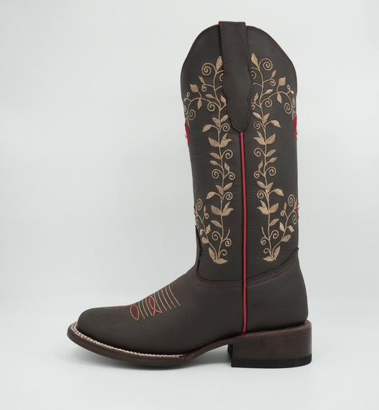 Quincy Women's Embroidered Grasso Chocolate Square Toe Boot