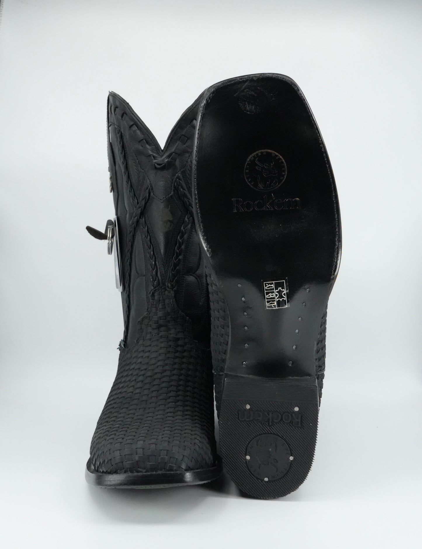 Rock'em Men's Petatillo Braided Leather Black Wide Square Toe Boot