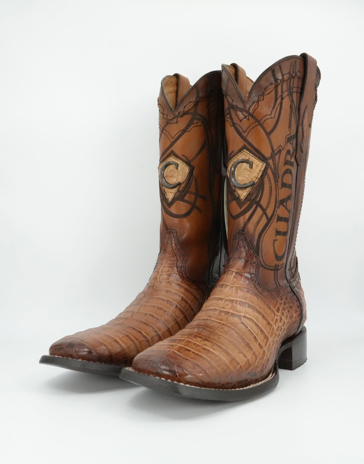 Cuadra Men's Engraved Sand Genuine Caiman Leather Cowboy Boots