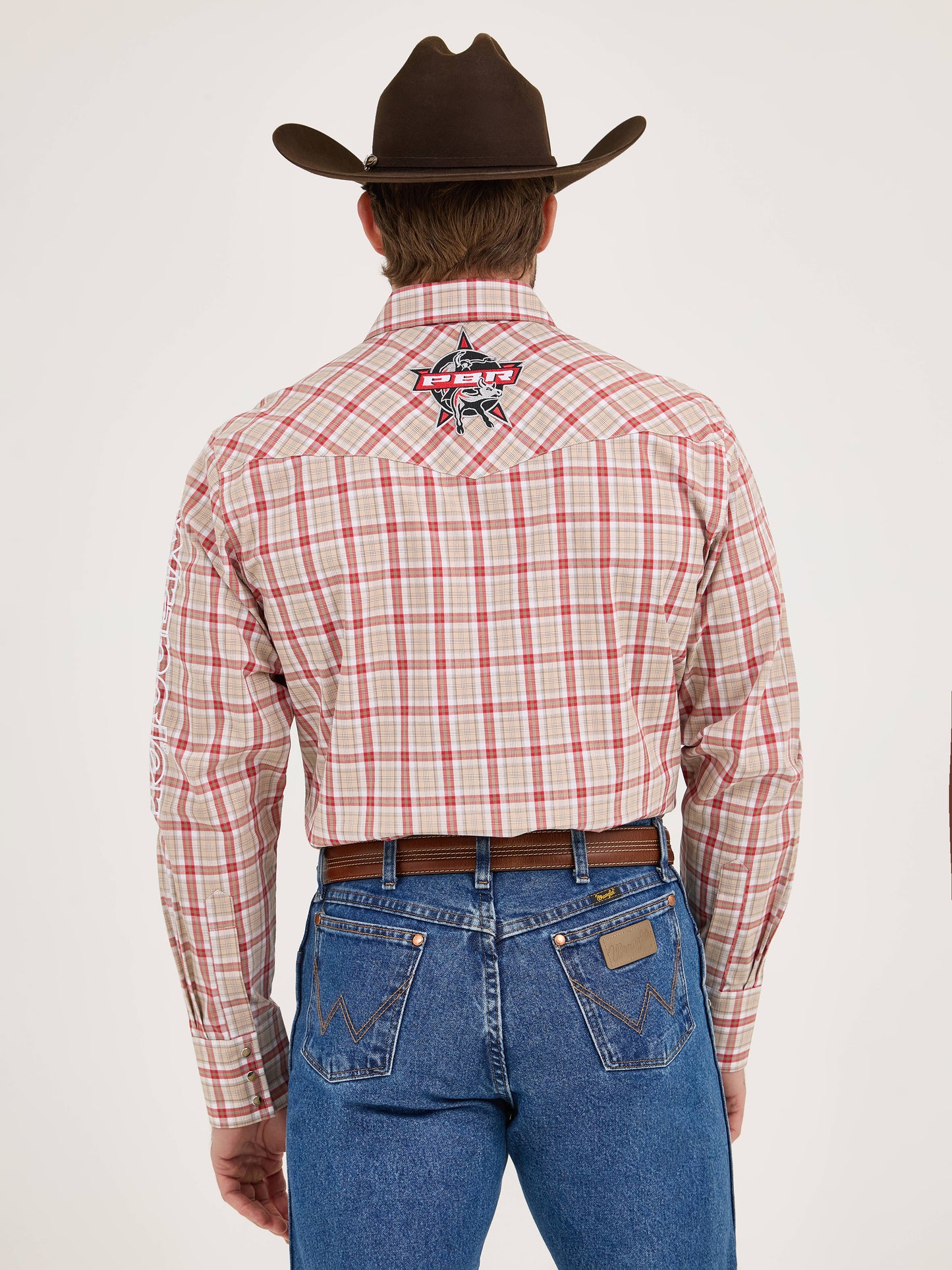 Wrangler Men's PBR Logo Long Sleeve Plaid Western Snap Beige Crimson Shirt