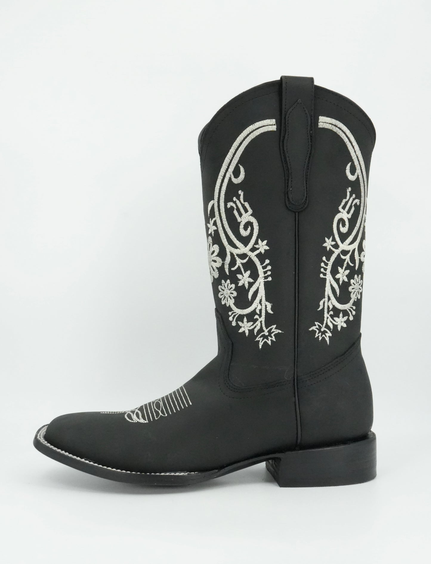 Centenario Women's Black Floral Embroidered Wide Square Toe Boot