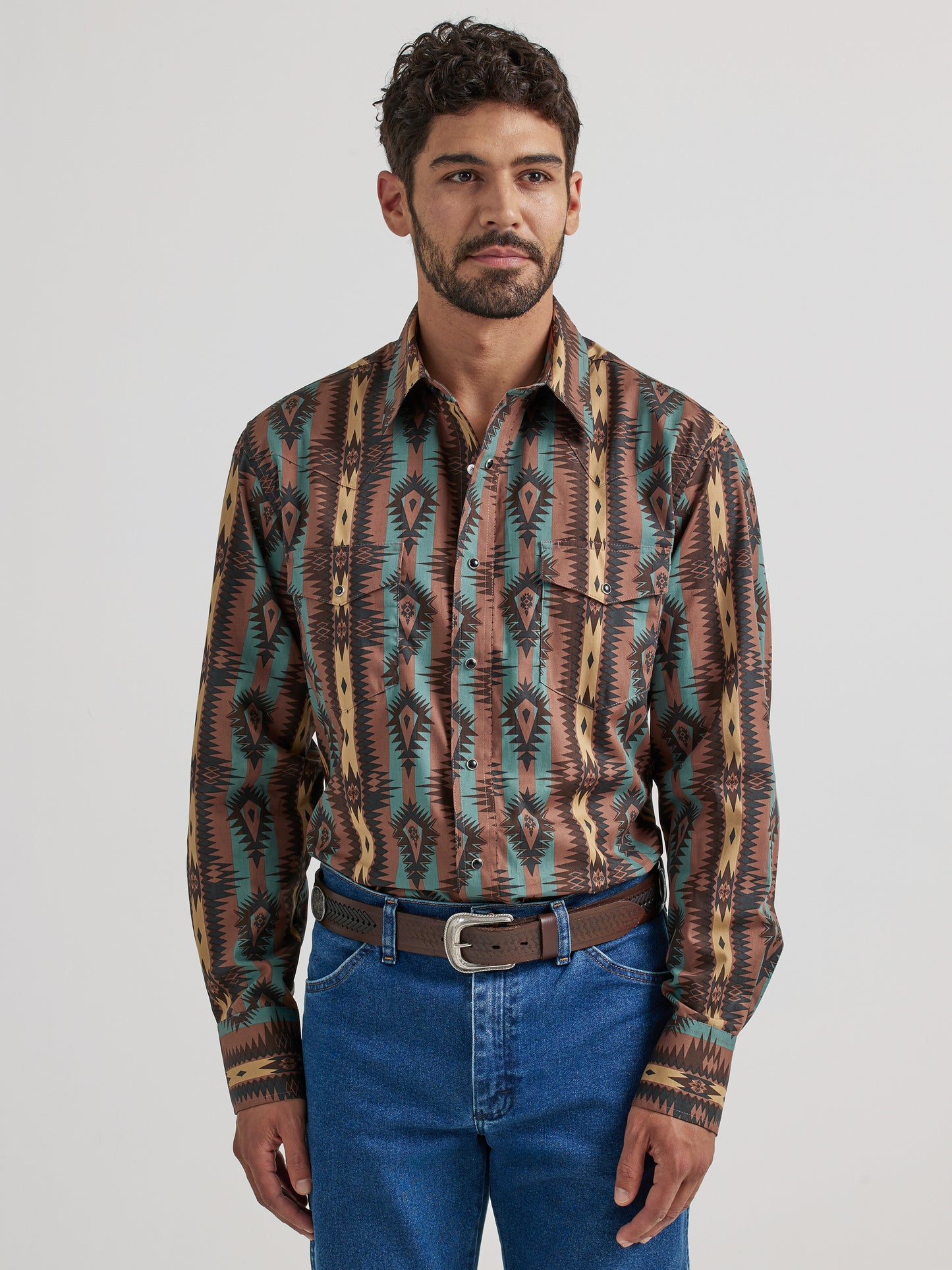 Wrangler x Checotah Western Snap Printed Shirt Brown/Blue/Tan