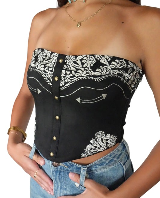 Tic Toc Women's Montana Embroidered Suede Tube Top - Black