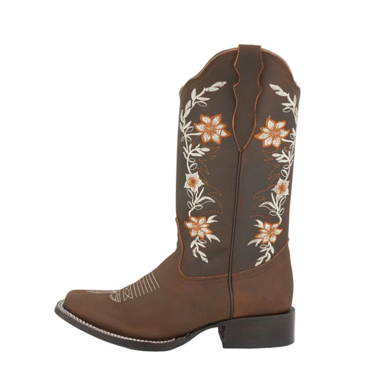 La Sierra Women's Zipper Floral Rust Stitch Square Toe Boot - Brown