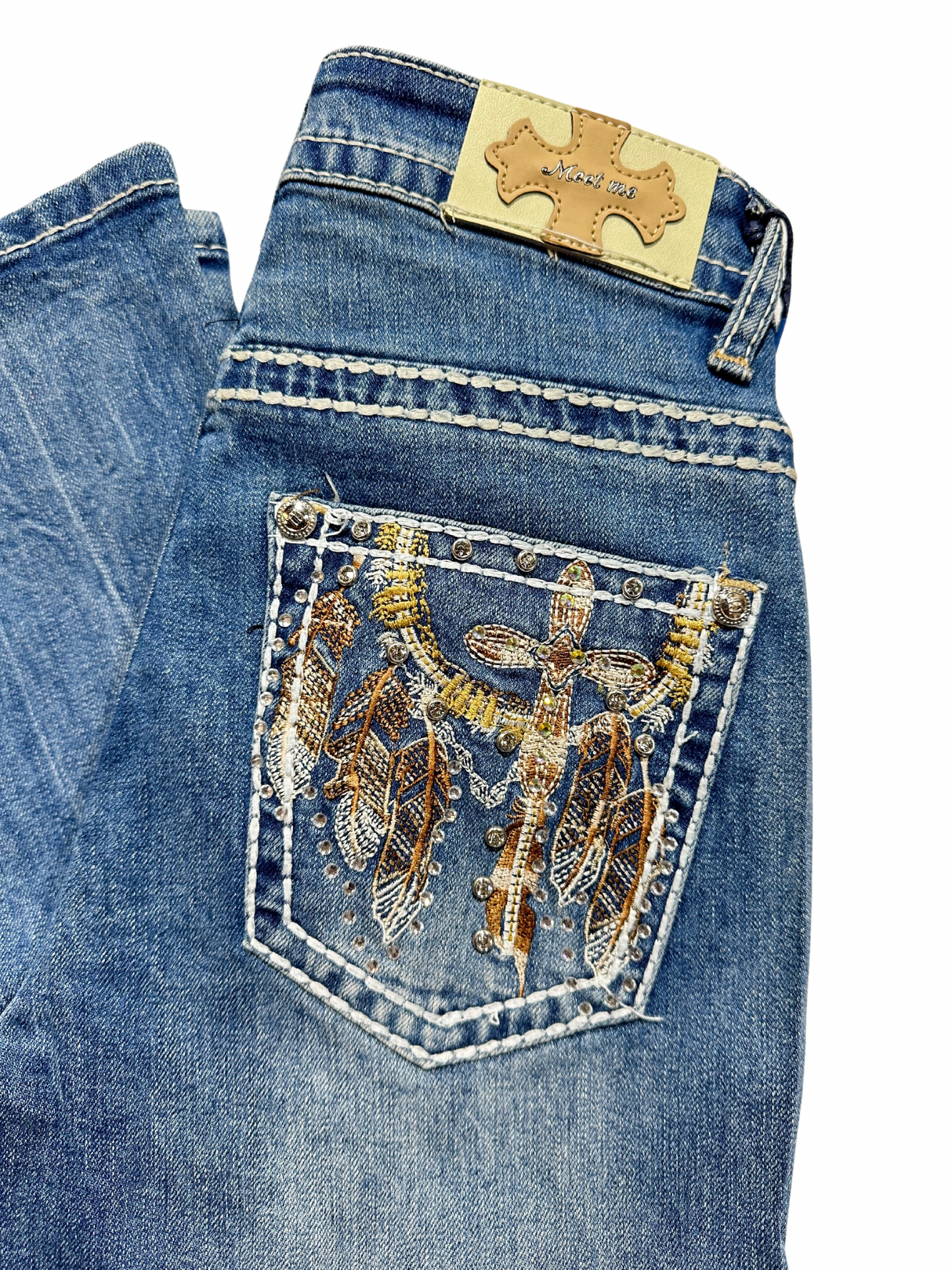 Meet Me Light Blue Bling Dream Catcher Pocket Bootcut Jean