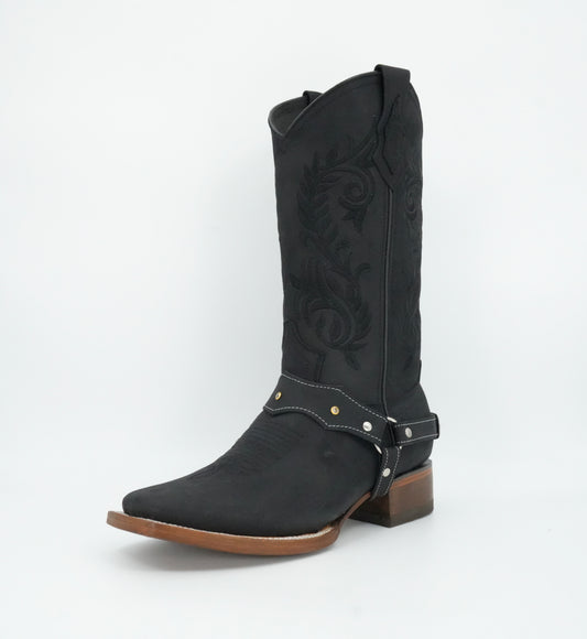 La Sierra Women's Black Embroidered Strapped Square Toe Boot