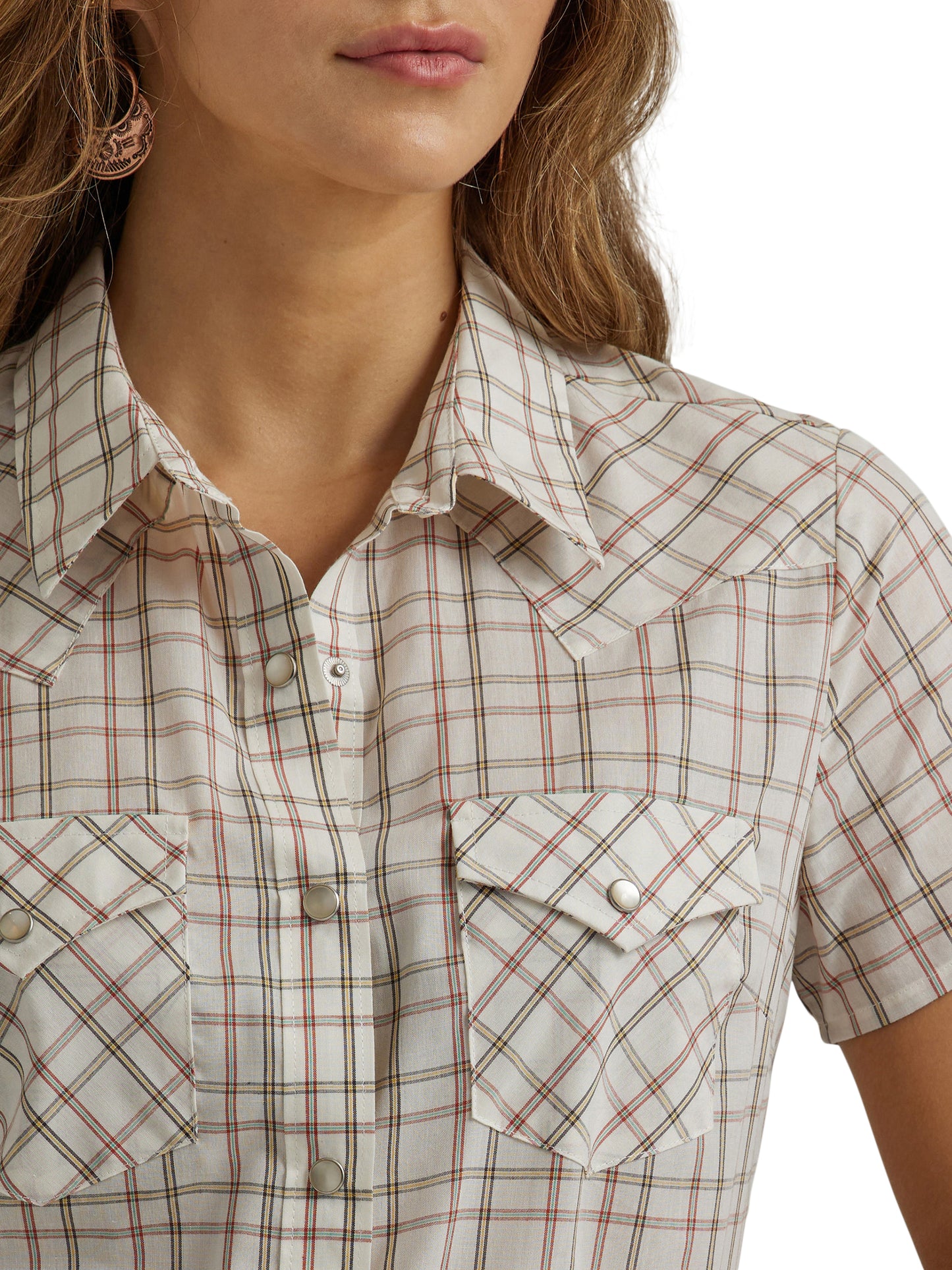 Wrangler Retro Cream Plaid Western Snap Short Sleeve Shirt