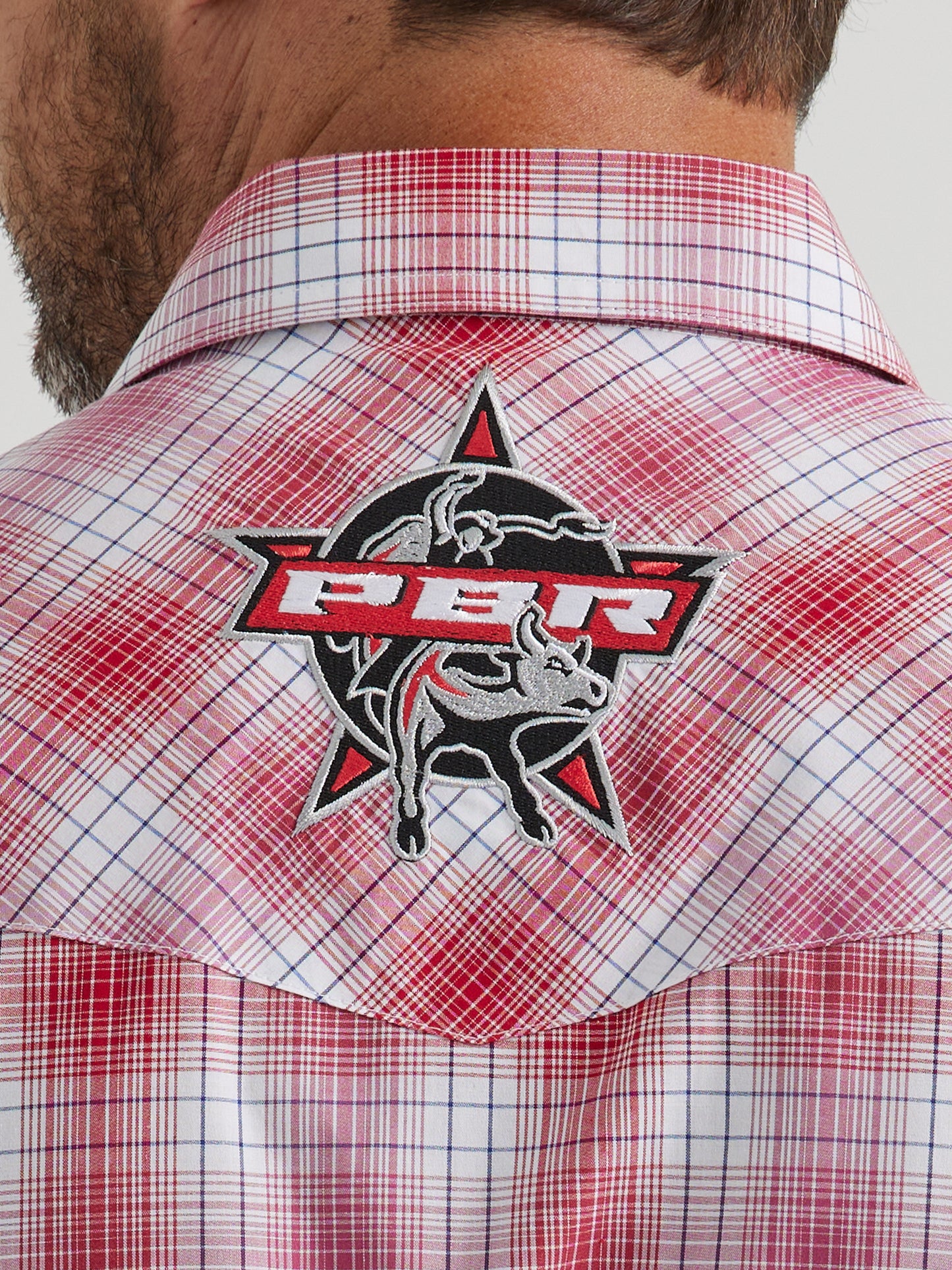 Wrangler Men's PBR Logo Long Sleeve Cherry Plaid Western Snap Shirt
