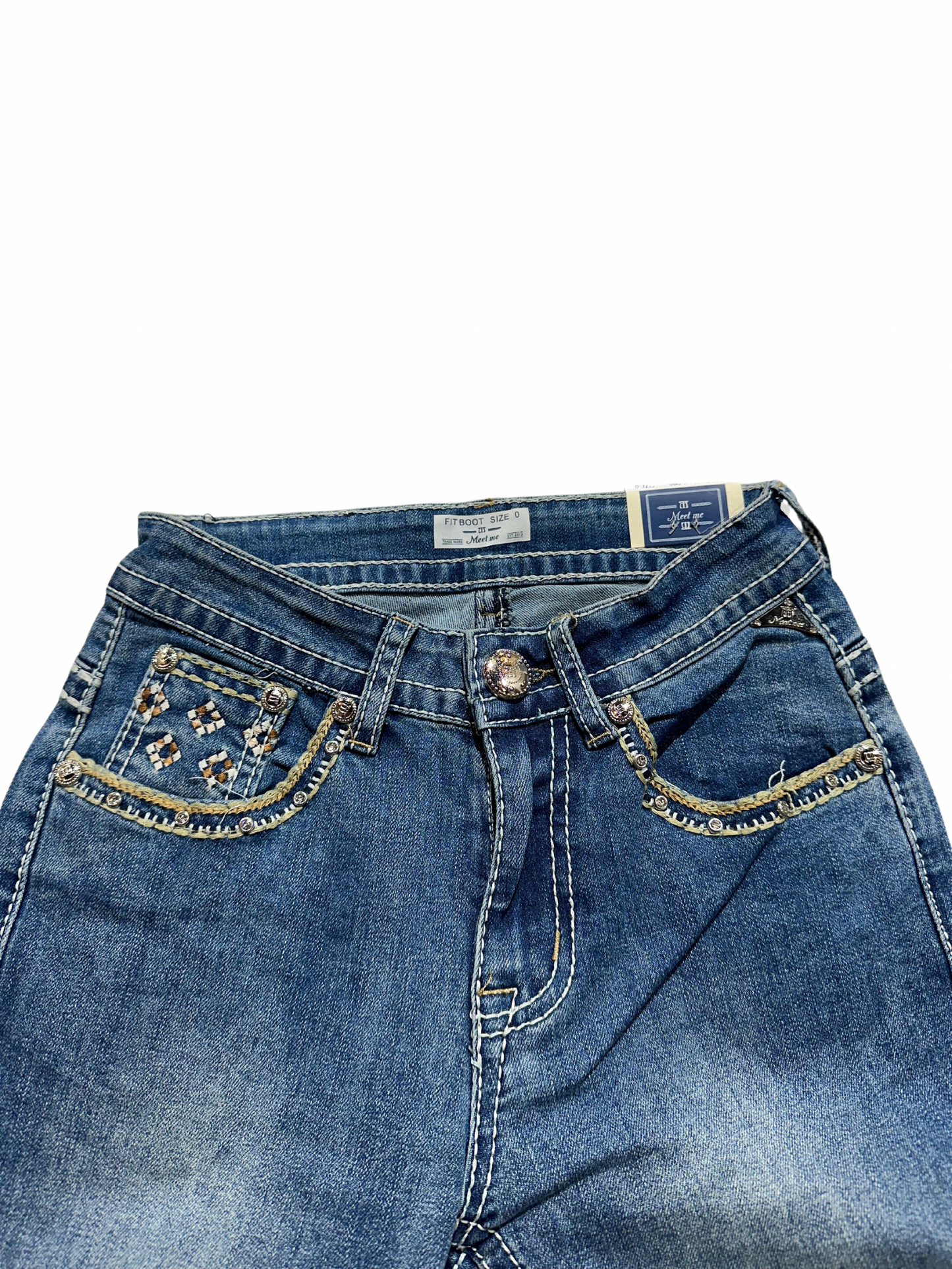 Meet Me Medium Blue Bling Brown Pocket Bootcut Jean