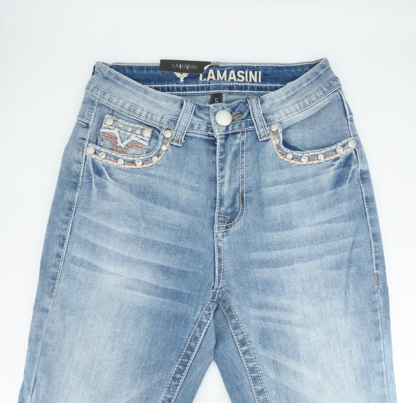 Lamasini Women’s Floral Stud Bling Pocket Light Blue Bootcut Jean