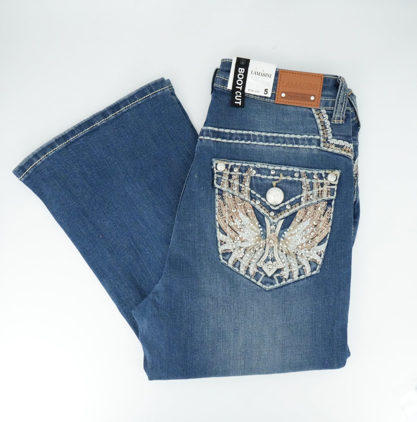 Lamasini Women's Bling Wing Pocket Bootcut Jean Medium Blue