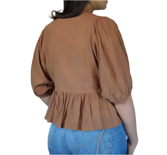 Blue B Women's Embroidered Peplum Blouse - Brown