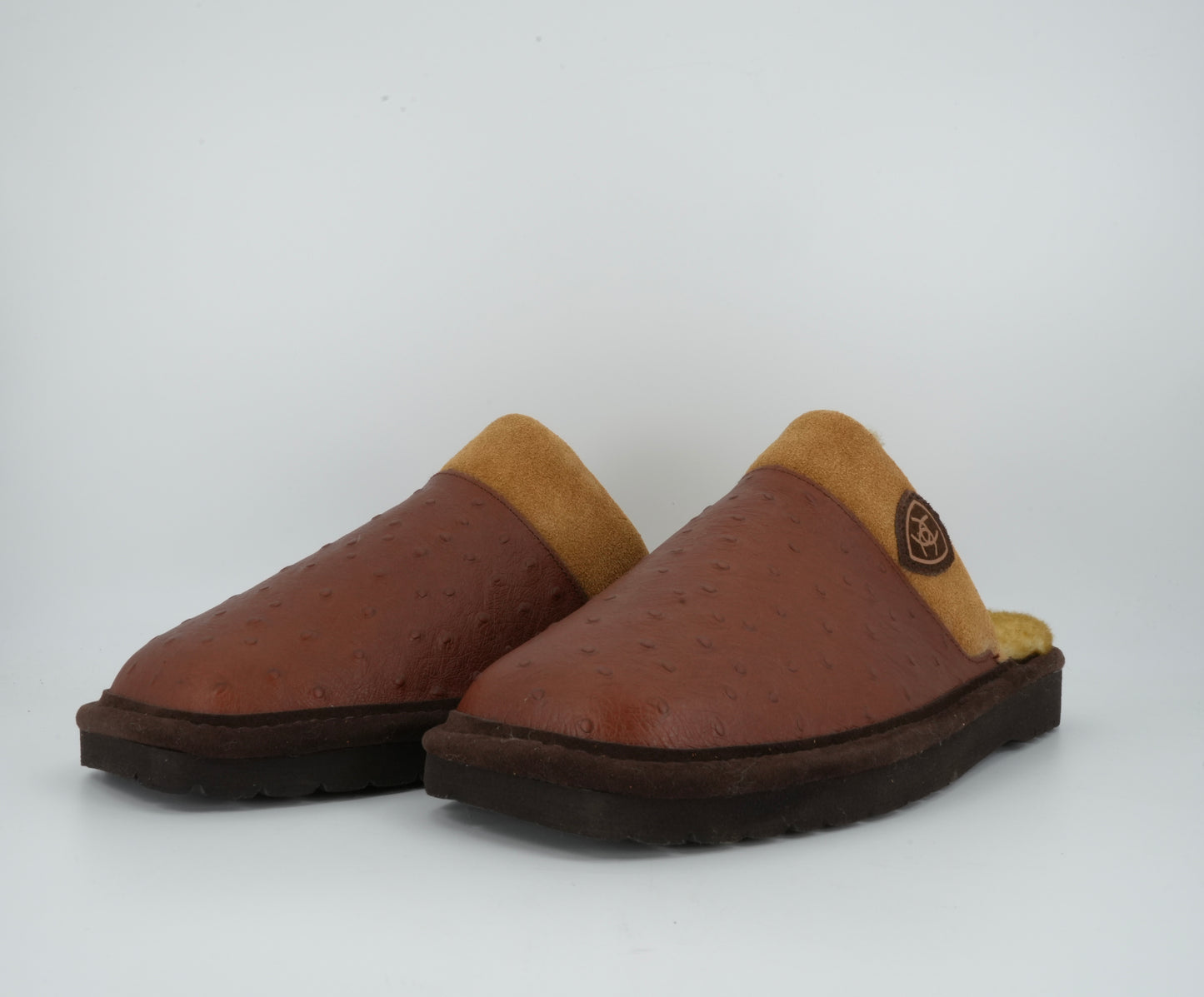 Men's Ariat Silversmith Square Toe Slippers Ostrich Print Cognac