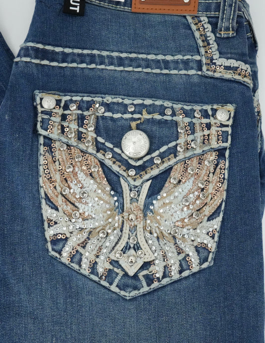 Lamasini Women's Bling Wing Pocket Bootcut Jean Medium Blue