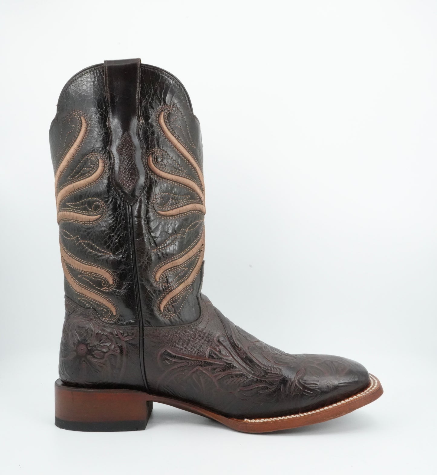 Quincy Men's Tooled Print Leather Chocolate Wide Square Toe Boot