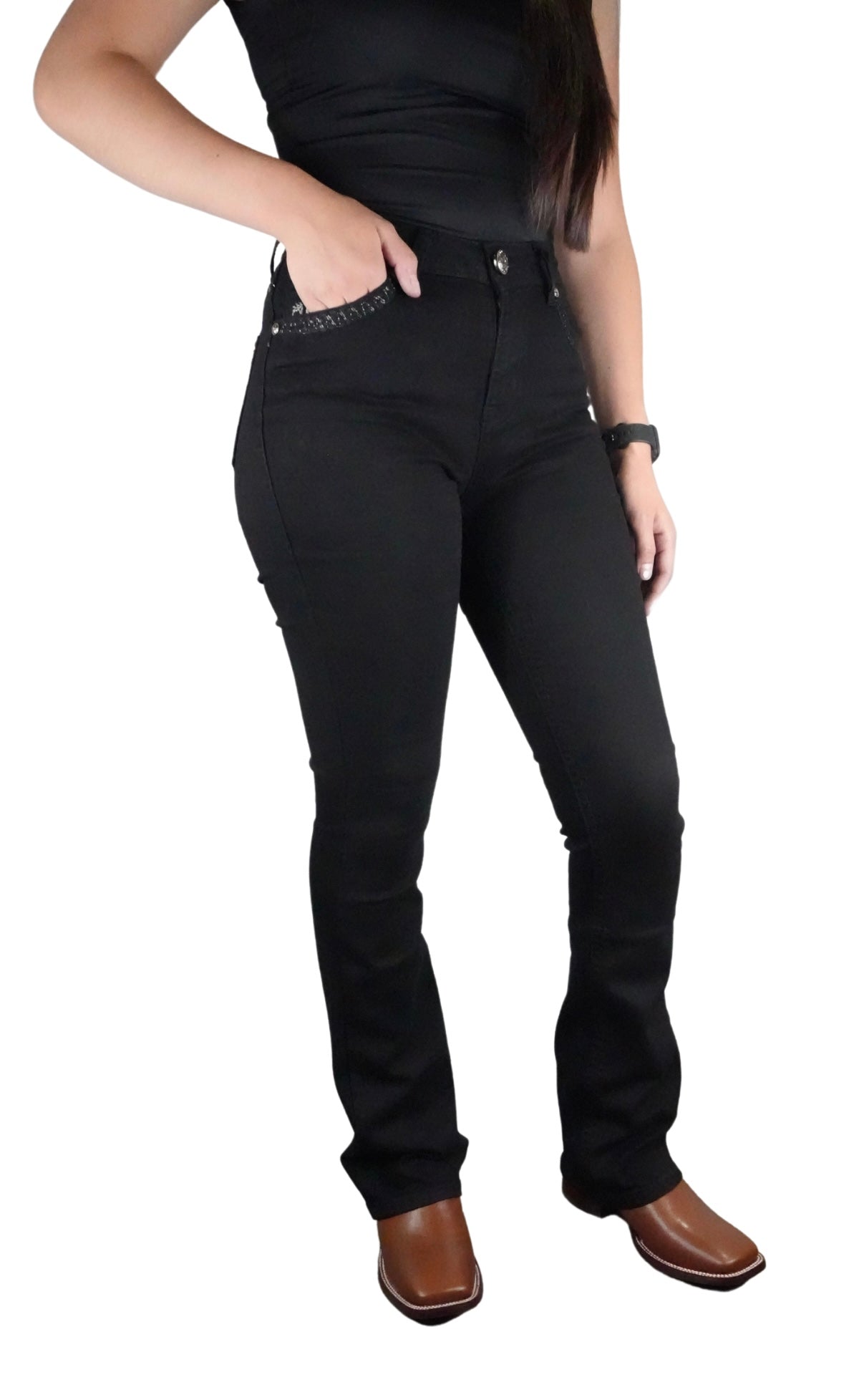 Lamasini Women's Bling Floral Bootcut Jean Black