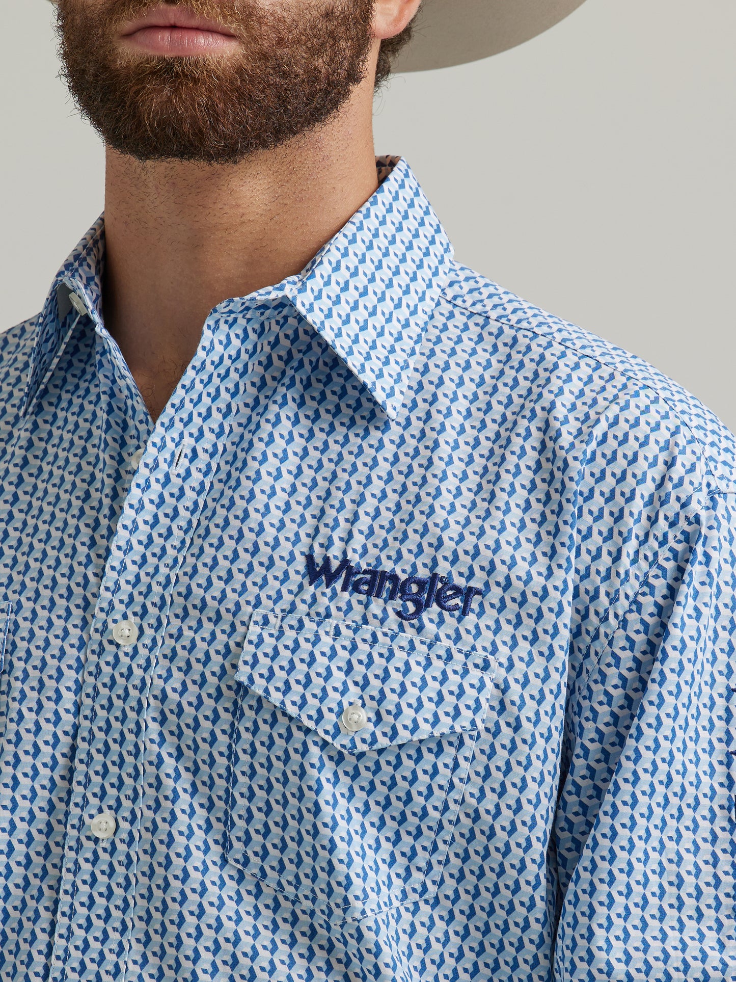 Wrangler Men's Logo Long Sleeve Western Button Down Shirt Light Blue Print