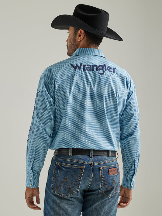Wrangler Men's Logo Long Sleeve Western Button Down Shirt Blue Print