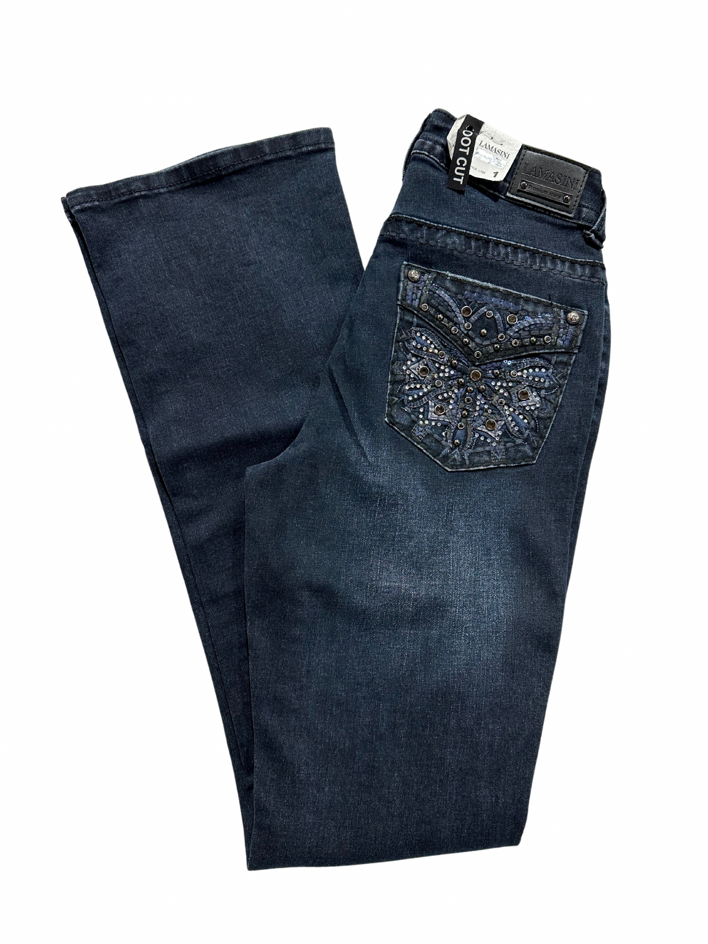 Lamasini Dark Blue Bling Star Pocket Bootcut Jean
