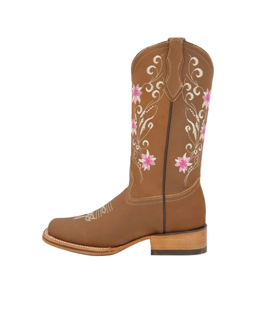 La Sierra Women's Leather Floral Pink Stitch Square Toe Boot - Tang