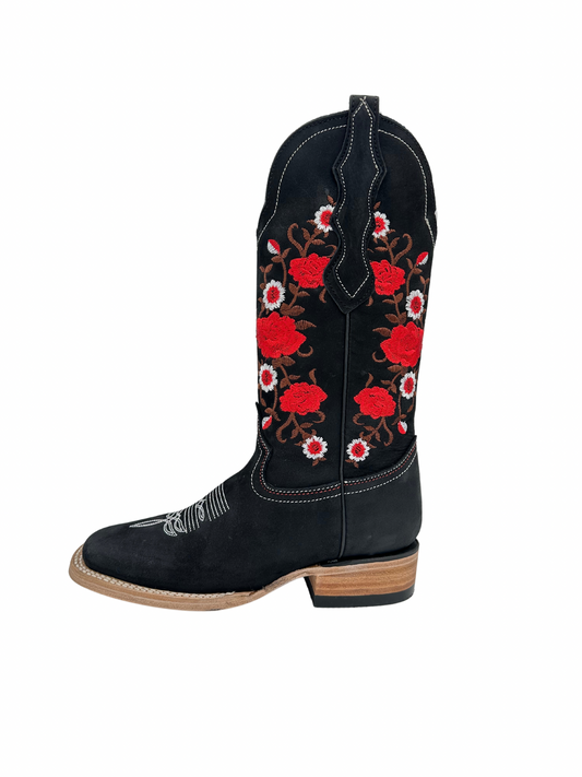 White Diamond Women's Black Red Floral Square Toe Leather Boot