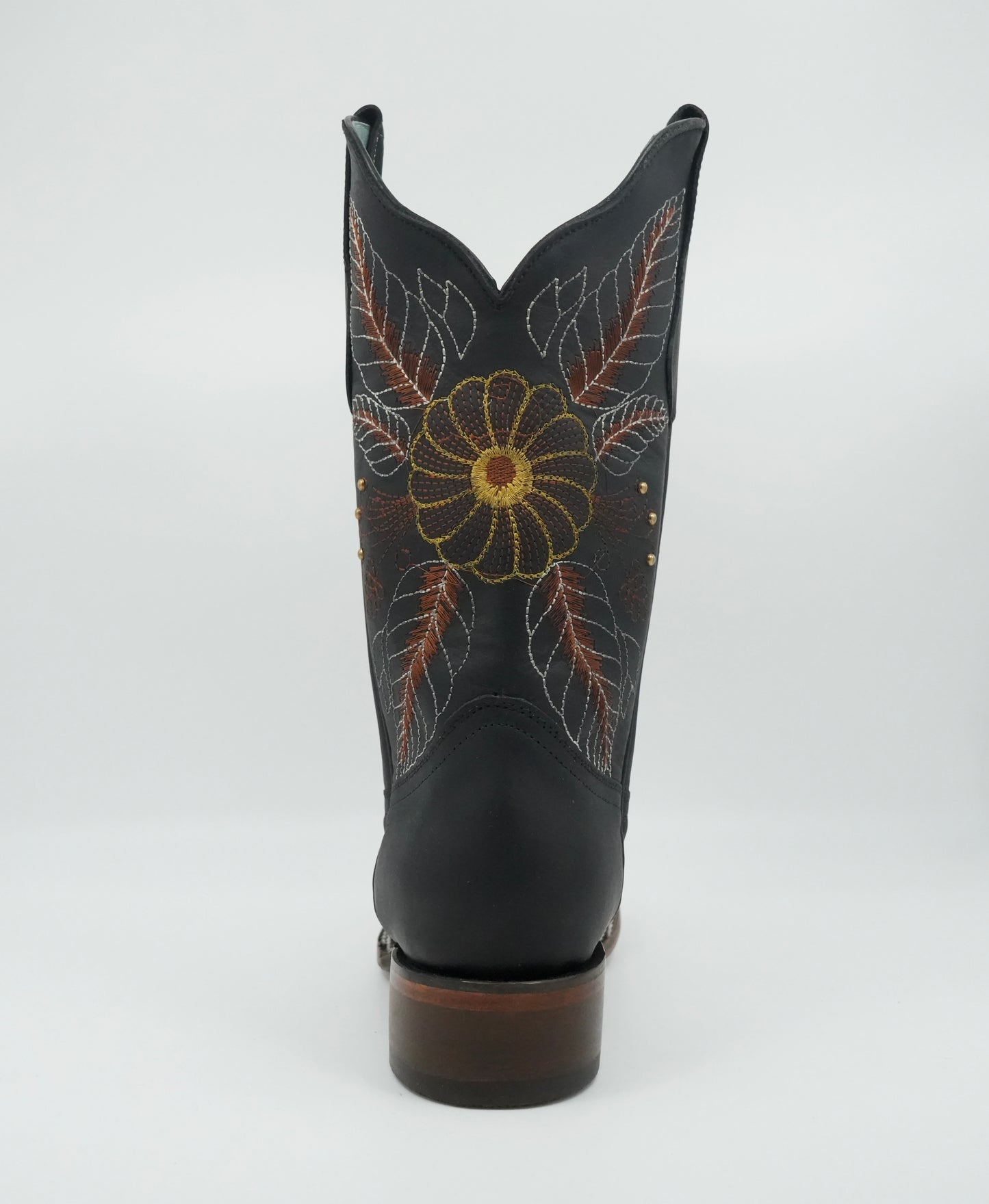 Stephy Women's Embroidered Flower Feathers Crazy Black Square Toe Boot