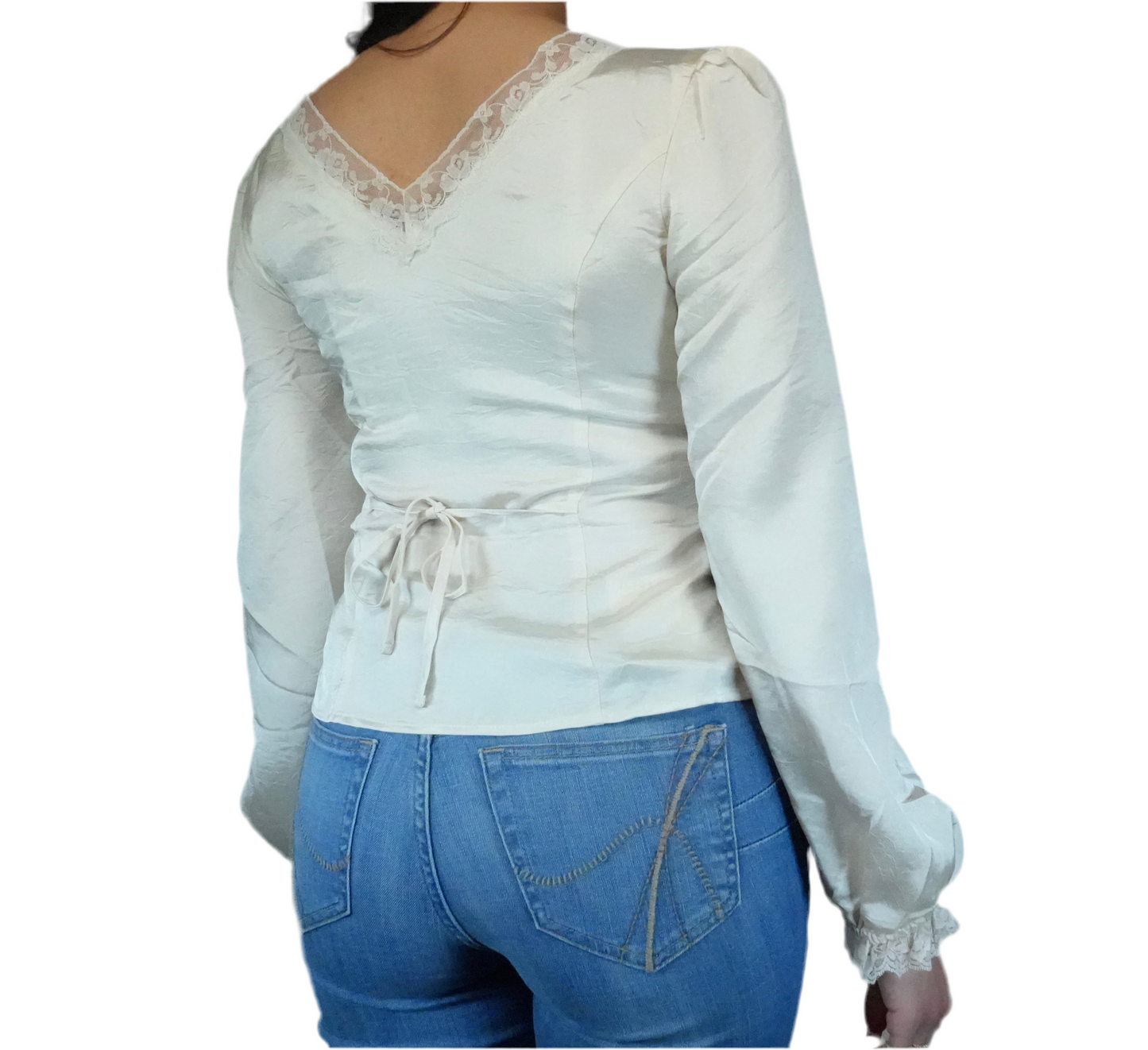 Blue B Women's V Neck Lace Puff Sleeve Blouse - Champagne