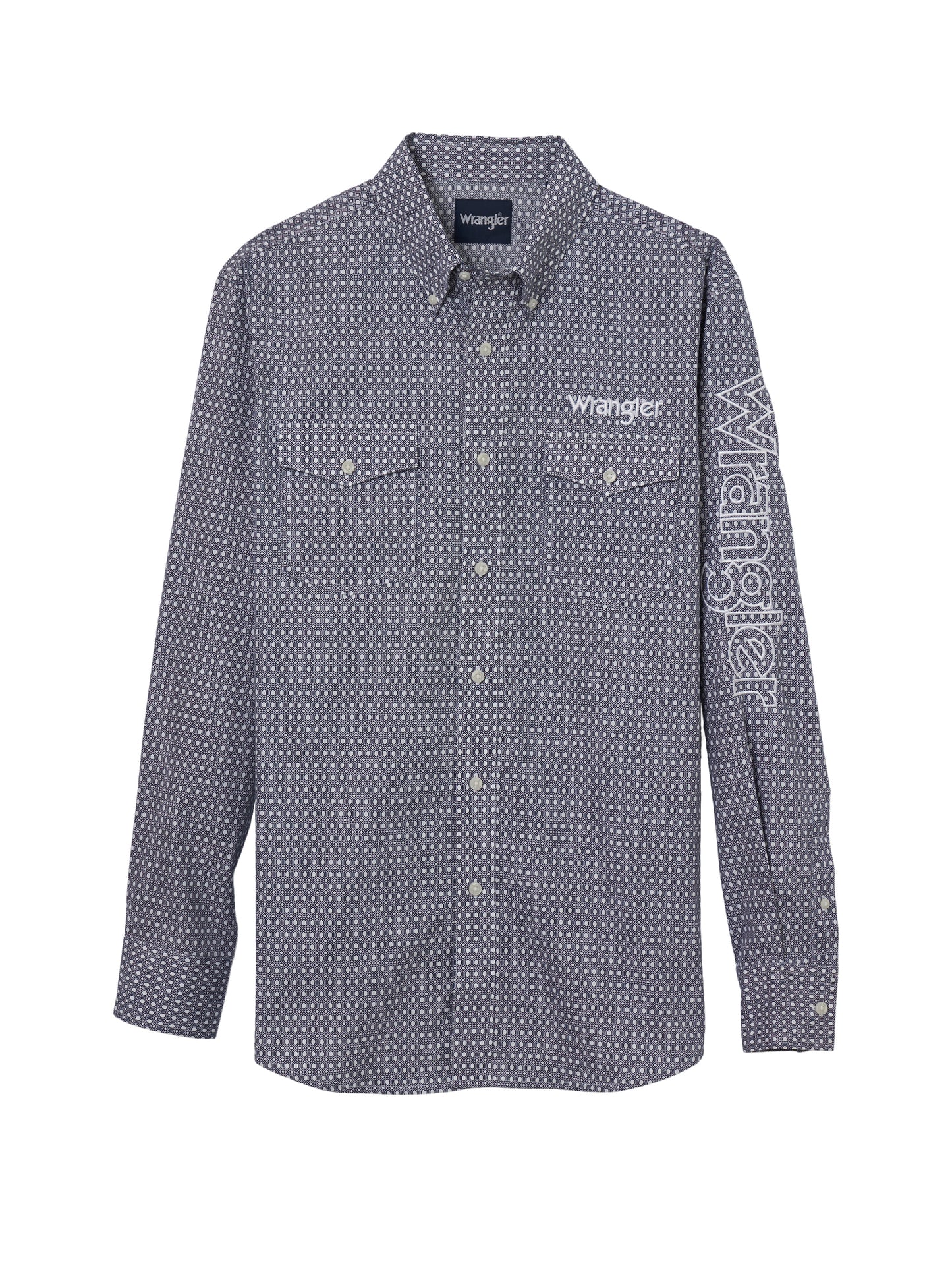 Wrangler Men's Logo Print Navy Long Sleeve Button Down Shirt
