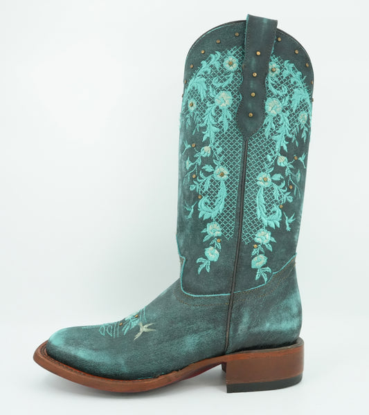 Quincy Women's Hummingbirds Old Turquoise Wide Square Toe Boot