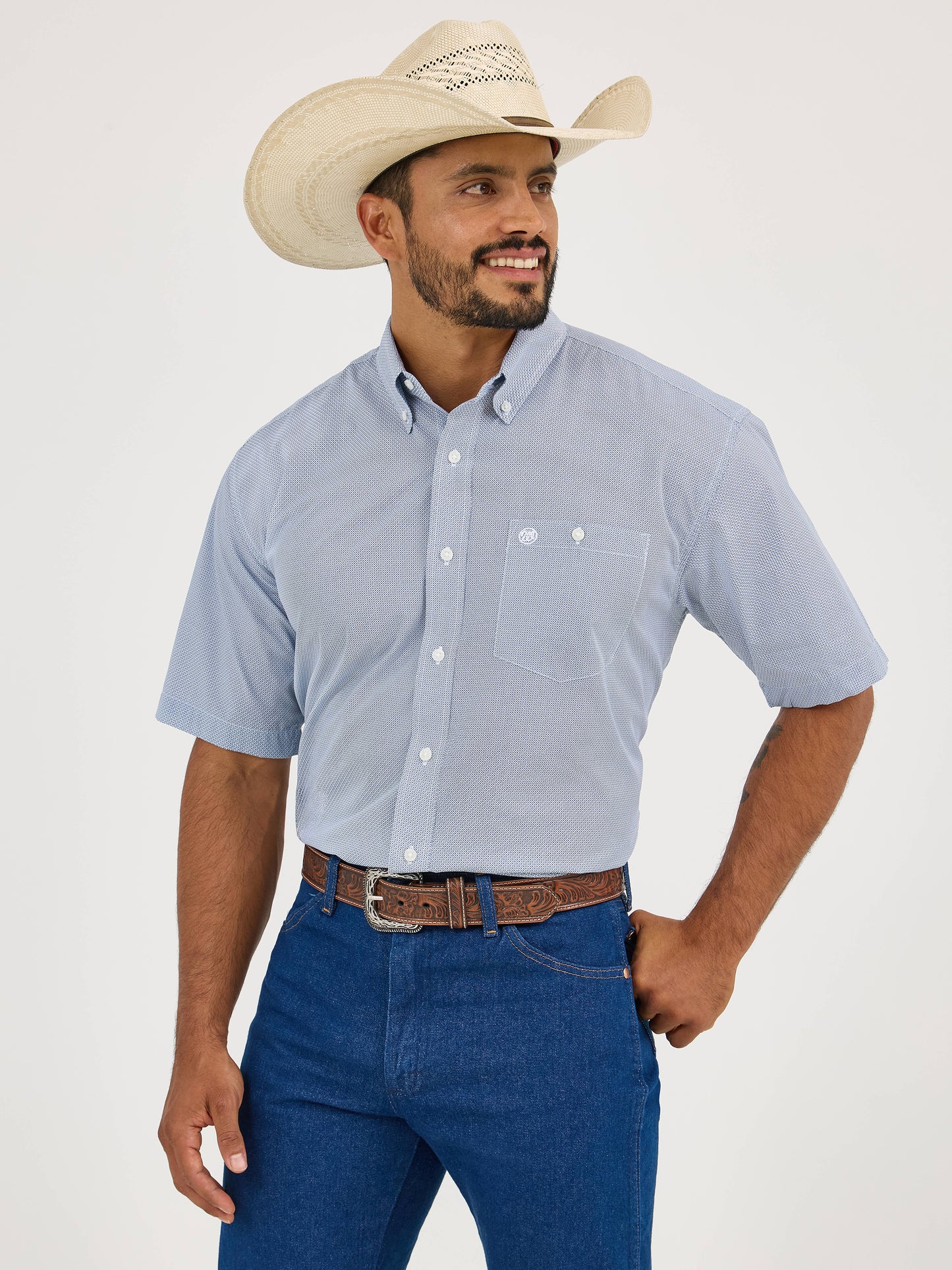 Wrangler Men's Short Sleeve Button Down Blue Print Shirt