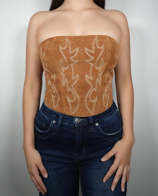 Women's Maple Embroidered Western Corset Top - Tan