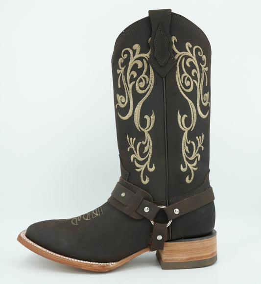 La Sierra Women's Chocolate Embroidered Strapped Square Toe Boot