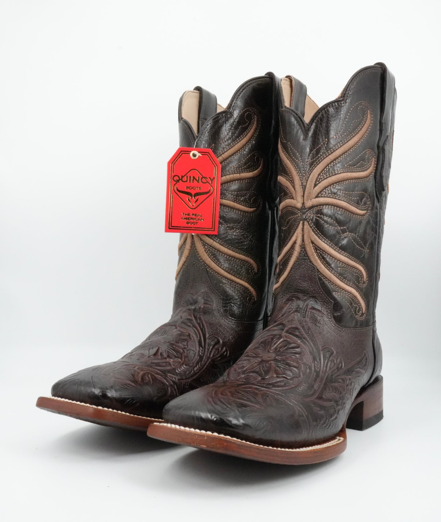 Quincy Men's Tooled Print Leather Chocolate Wide Square Toe Boot